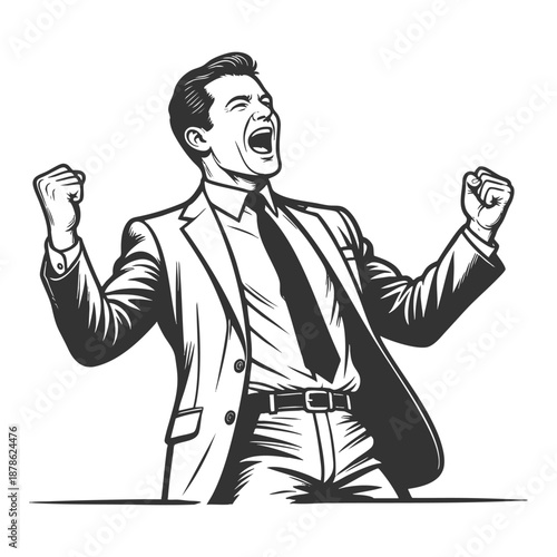 joyful businessman in suit with fists raised, shouting in celebration of achievement or breakthrough sketch engraving generative ai fictional character vector illustration. Black and white.