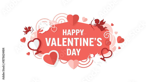 Happy Valentine's Day greeting with cupid, hearts and swirls on a white background