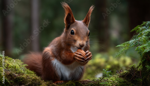 Forest's Nutcracker A vibrant red squirrel, holding a single nut, poses amidst a moss-covered log within a vibrant forest setting, a captivating portrait of wilderness.