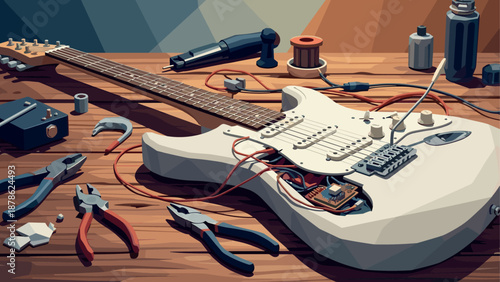 Electric guitar repair with tools in low poly art style on wooden workbench