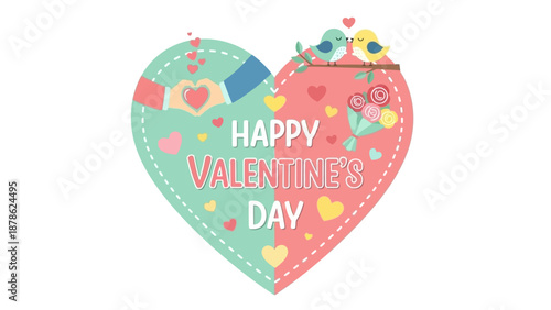 Happy Valentine's Day heart with birds and hand illustration