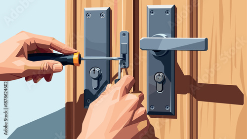 Hands using lock picking tools on wooden door with silver locks in realistic style