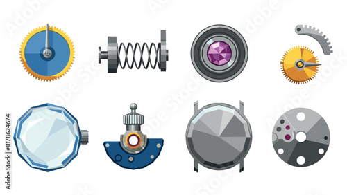 Mechanical gear icons set of various watch components in flat style
