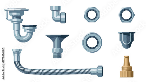 Plumbing components collection with pipes, connectors, and fittings in flat style