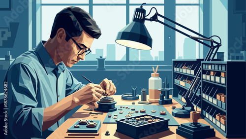 Focused craftsman repairing watchwork in modern workshop with precision and dedication