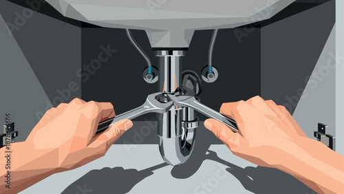 Plumber fixing sink with wrench in polygonal art bathroom scene