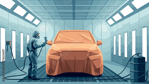 Automotive crafting process in modern workshop with spray painting technique