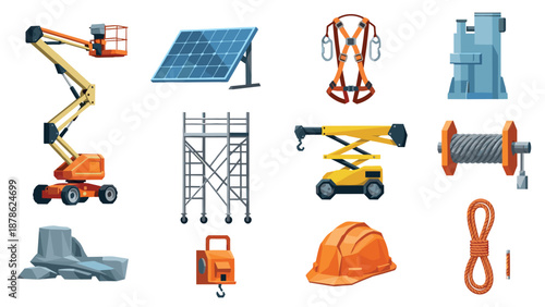 Construction and safety equipment icons set for industrial use