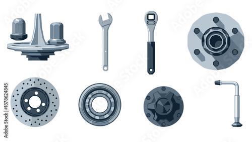 Monochrome tools and car parts: wrenches, bolts, bearings, and discs in flat design