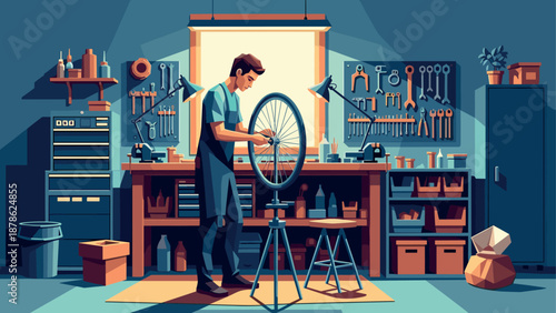 Bicycle repair workshop: mechanic fixing wheel in vintage style garage setting