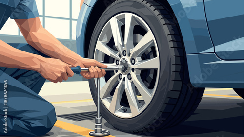 Realistic car maintenance scene with tire change in garage setting