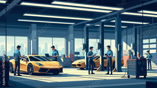Modern car workshop with technicians and sports cars in stylish setting