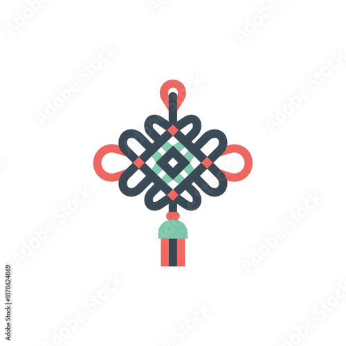 A flat design illustration of a traditional Chinese knot with a tassel, symbolizing good fortune and prosperity.