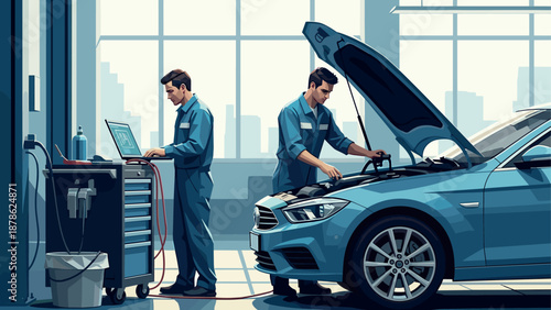 Professional mechanics working in a modern garage with advanced tools and equipment