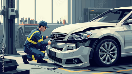 Professional mechanic repairing car bumper in modern auto workshop