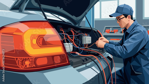 Car repair technician working with cables in automotive workshop