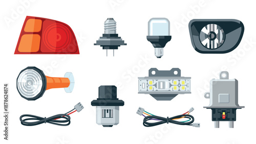 Flat design car lights and electronics set for automotive projects