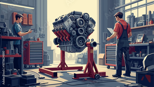 Garage mechanics working on engine in workshop setting with industrial elements