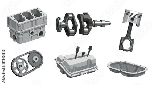Realistic car engine components in isometric view