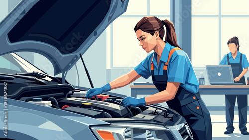 Mechanic woman working on car engine in modern auto repair shop