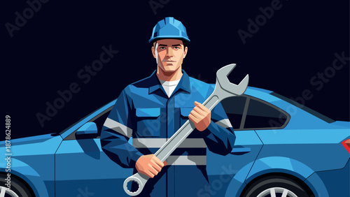 Mechanic with wrench and car in background - automotive service concept