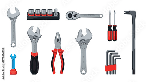 Essential hand tools collection for home and auto repair in a modern flat design