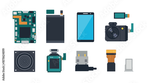 Flat design electronic components: camera, motherboard, usb, and more