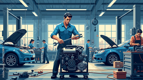 Auto workshop scene with mechanics working on cars in a modern garage setting