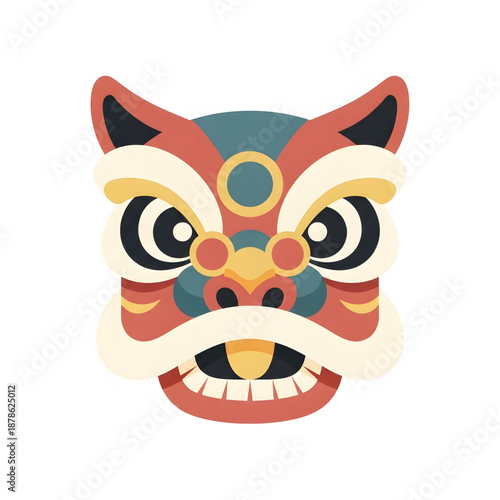 A vibrant and colorful illustration of a traditional Chinese lion dance mask, featuring intricate details and bold colors.