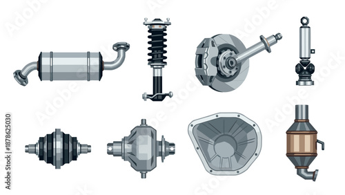 Automotive parts collection: flat style components for vehicles