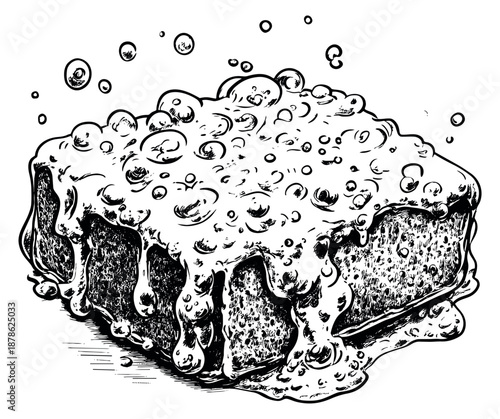 Hand drawn line art illustration of a sponge depicting soap suds and bubbles for cleaning and hygiene concepts