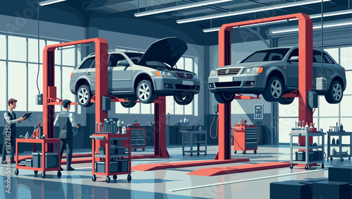 Modern auto repair workshop with vehicles on lifts and technicians working