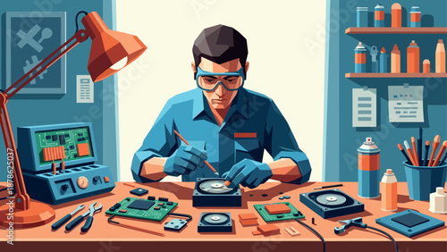 Technician repairing circuit boards in a workshop with tools and equipment