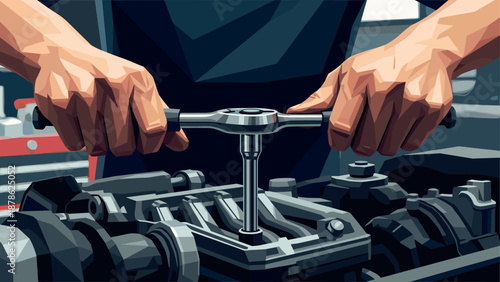 Mechanic adjusting vehicle engine with wrench in workshop setting