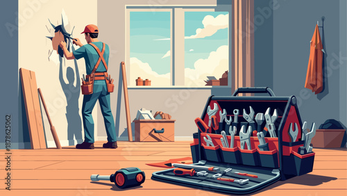 Handyman renovating room with toolbox and tools in modern flat style interior design