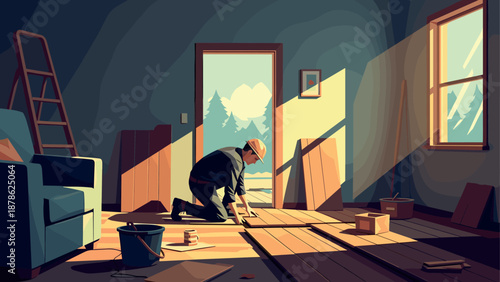 Sunlit room renovation with worker installing wooden floors in cozy home setting