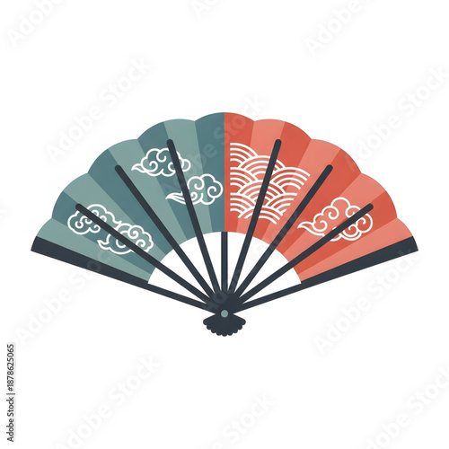 A beautiful, traditional, folding fan with a split design, featuring intricate cloud and wave patterns in teal and coral.