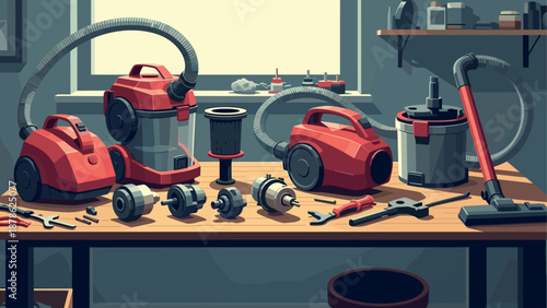 Workshop toolbox with vacuum cleaner components and tools in a garage setting