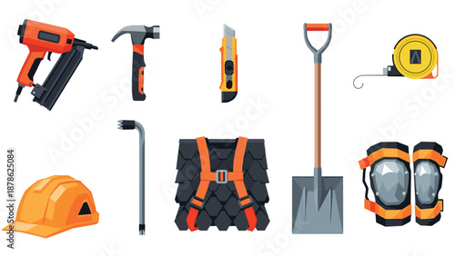 Essential construction tools collection featuring safety gear and equipment