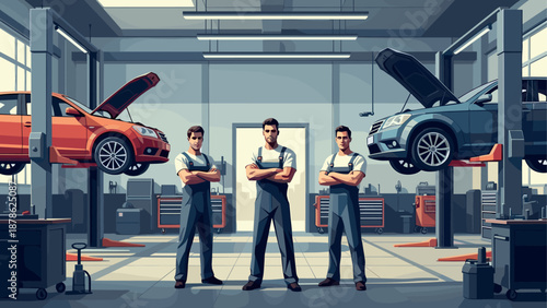 Modern auto repair shop with skilled mechanics working on raised cars in a garage