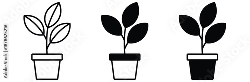 Plants in pots with different shading styles,Potted plant growth. Simple icon of a potted plant, symbolizing growth, progress, and new beginnings.