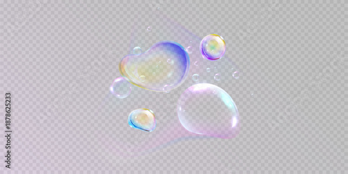 realistic colorful soap bubbles to create a design. Transparent realistic soap bubbles isolated on transparent background.