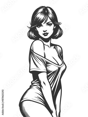 confident woman in a provocative pose, styled in a retro or pin-up inspired aesthetic sketch engraving generative ai fictional character vector illustration. Scratch board imitation. Black and white.