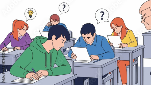 Students taking a test in a classroom with a teacher watching.