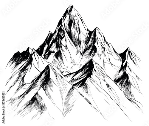 Hand drawn line art illustration of a mountain range depicting majestic rugged peaks for outdoor adventure and travel