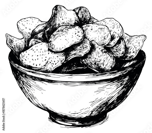 Hand drawn line art illustration of a bowl of potato chips depicting a savory snack for fast food menus
