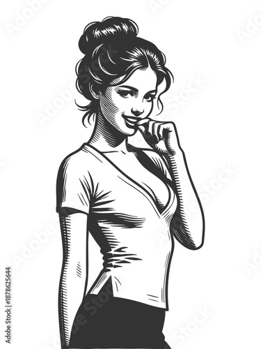 playful, confident woman in a fitted shirt with hand near mouth and flirty expression sketch engraving generative ai fictional character vector illustration. Scratch board imitation. Black and white.