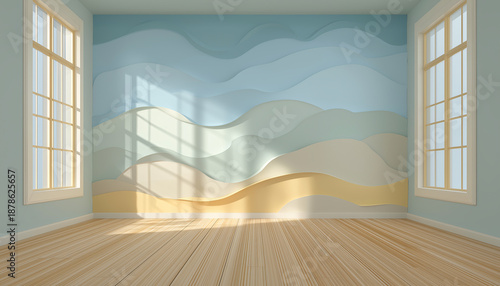 Serene Room with Artwork A brightly lit room features a decorative wall with pastel landscape artwork, complemented by sunlight streaming through the windows and the warmth of the wooden floor. 