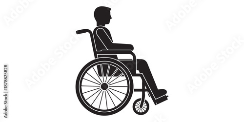 Disability wheel chair icon Silhouette vector style on white background,Detailed black silhouette of a man sitting in a manual wheelchair, depicted from a side profile, . isolated on white background