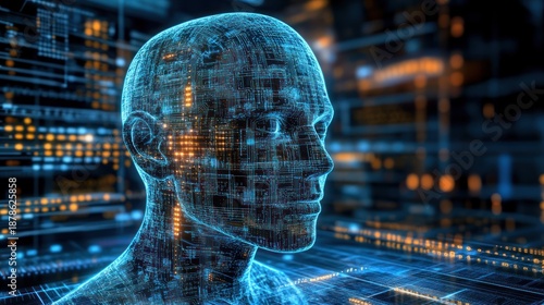 Holographic human face profile constructed of digital circuits, set against glowing data